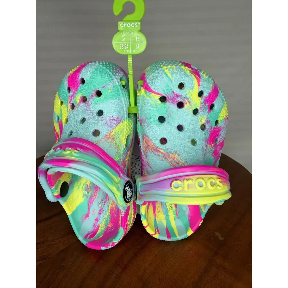 NWT Crocs Kids Classic Marbled Clog Neon Multi C7 Toddler New with Tags